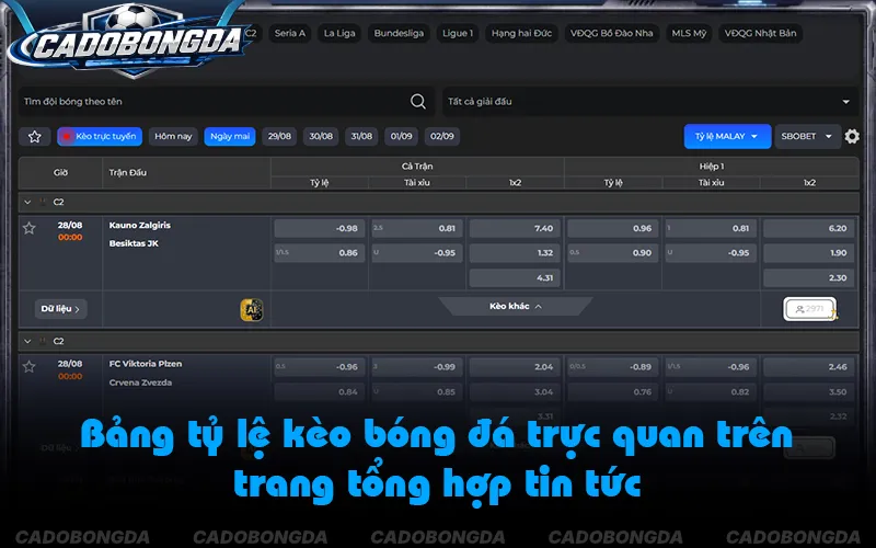 Giao diện cập nhật tỷ lệ kèo bóng đá trực tuyến